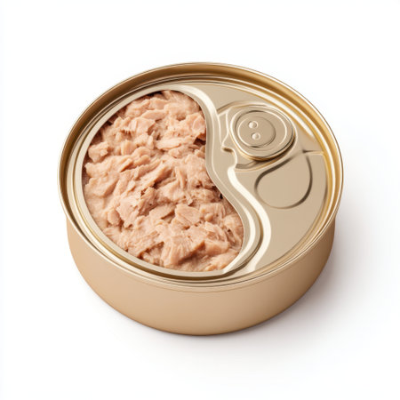 This image features an open can of tuna, highlighting the tender, flaky fish inside. The gold can design offers a modern appeal for culinary themes and healthy eating.の素材