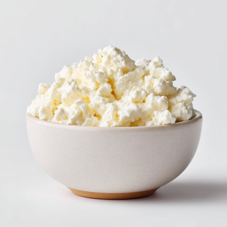 A rustic bowl filled with fresh cottage cheese showcases the creamy texture and wholesome appeal, perfect for healthy meals and delicious recipe ideas.の素材