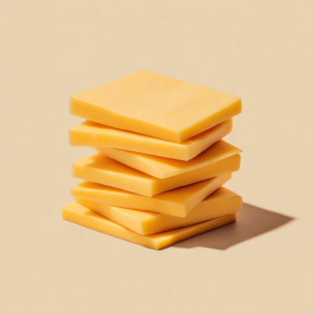 A visually appealing arrangement of fresh yellow cheese slices stacked on a soft beige background, perfect for culinary projects and food-related content.の素材