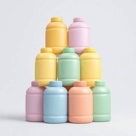 A visually appealing stack of colorful bottles in pastel hues, perfect for backgrounds in creative projects, presentations, and product displays. Ideal for marketing.の素材