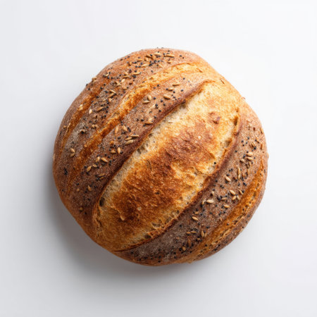 Captivating round artisan bread with a golden crispy crust and scattered flavorful seeds, perfect for culinary projects, food photography, and appetizing displays.の素材