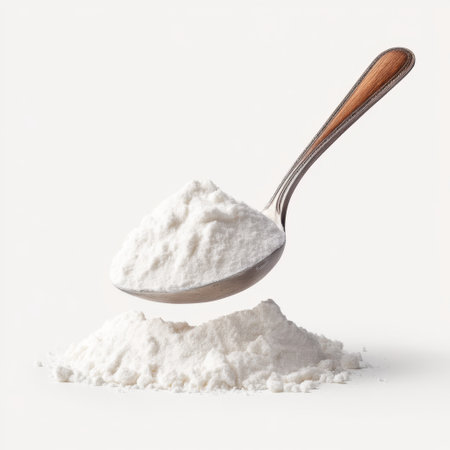 A beautifully staged image showcasing a silver spoon filled with fine white powder, with a small pile of powder below, emphasizing culinary and cooking themes.の素材