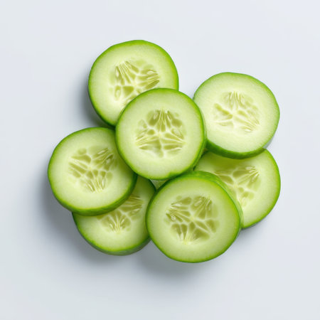 A captivating arrangement of freshly sliced green cucumbers showcases their vibrant color and texture, ideal for healthy cooking or nutrition-related content.の素材