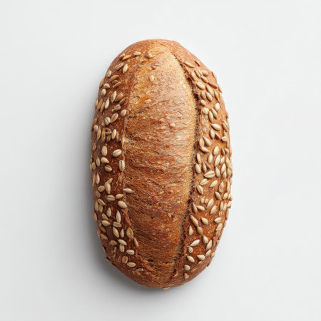 This image showcases a beautifully baked artisan bread loaf adorned with sesame seeds, emphasizing its texture and rustic appeal for culinary themes.の素材
