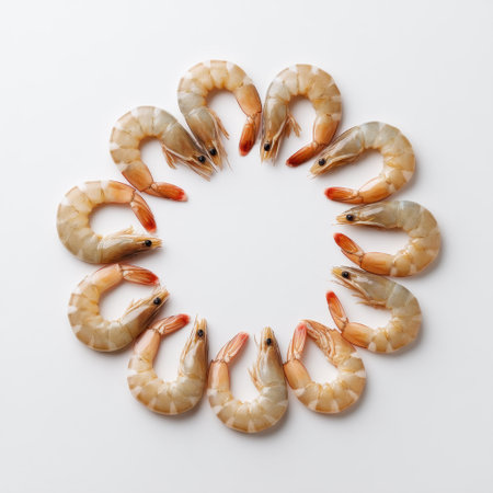 A stunning arrangement of raw shrimp in a circular design against a light background, ideal for use in food blogs, cookbooks, and culinary presentations.の素材