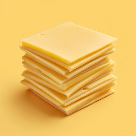 A bright and vivid image featuring freshly stacked slices of cheddar cheese against a cheerful yellow backdrop. Ideal for food-related projects and culinary inspiration.の素材