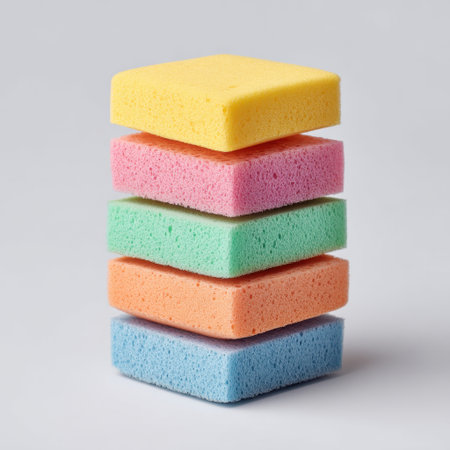 This image showcases a stack of four colorful foam sponges, ideal for various cleaning tasks, set against a smooth gray background, adding a vibrant touch to any setting.の素材