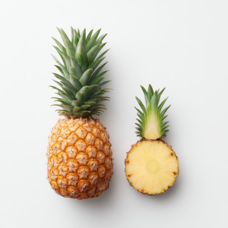 A vibrant pineapple sits next to a sliced piece, highlighting the juicy, fresh interior. This minimalist image captures the essence of healthy living and tropical flavors.の素材