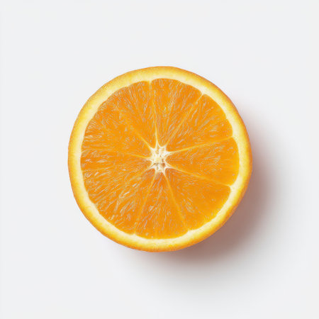 This image features a freshly cut orange slice, highlighting its vibrant color and juicy pulp. Perfect for health and nutrition projects, food blogs, or cooking magazines.の素材