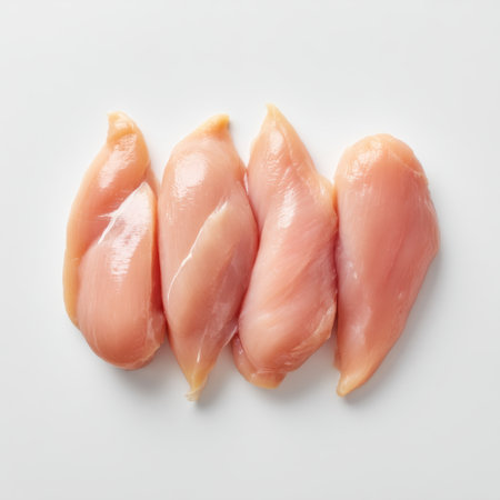 A collection of fresh raw chicken breasts neatly arranged on a clean white surface, ideal for cooking delicious and healthy meals at home.の素材