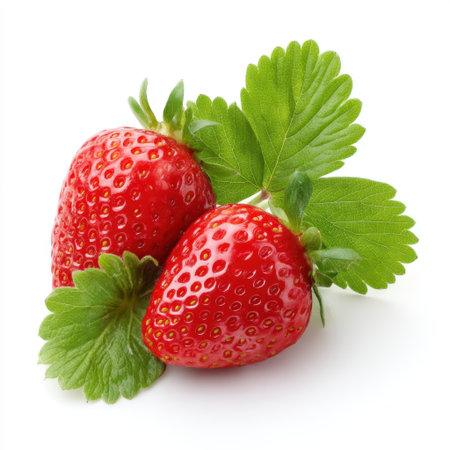 Two fresh red strawberries with vibrant green leaves are arranged on a clean white background, perfect for promoting healthy eating and natural lifestyle choices.の素材
