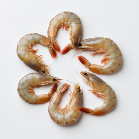 A stunning arrangement of fresh raw shrimp on a white background, perfect for illustrating culinary concepts and seafood dish ideas in a stylish way.の素材