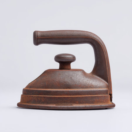 A vintage cast iron clothes iron showcased against a clean white background, perfect for adding a touch of nostalgia and rustic charm to any kitchen or home decor setup.の素材