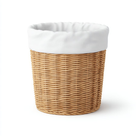 A beautiful woven rattan basket featuring a soft white liner, perfect for storage and organization in any modern or minimalist home setting. Enhance your decor today!の素材