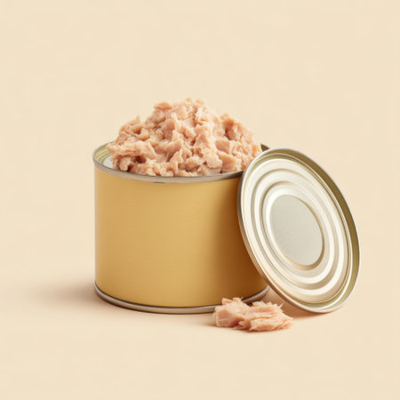 An enticing image of a can of tuna, freshly opened, presenting tender flakes spilling out. Ideal for culinary projects, recipes, and food marketing materials.の素材