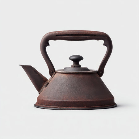A vintage kettle with a rusty finish, featuring a classic design and elegant handle. Perfect for enhancing kitchen decor, adding rustic charm to any setting.の素材