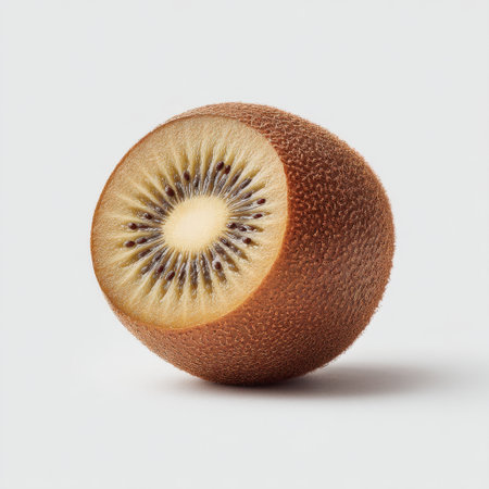 A whole kiwi fruit displayed on a white background, sliced to reveal its unique interior, highlighting its vibrant color and texture, perfect for healthy eating.の素材