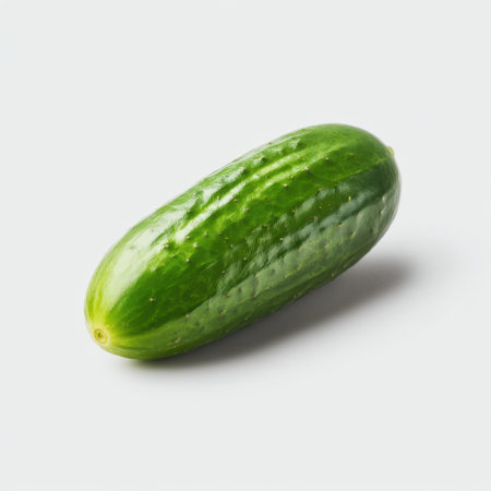 A vibrant green cucumber sits on a clean white background, showcasing its shine and texture. Ideal for food-related projects, healthy eating themes, culinary art, or organic farming.の素材