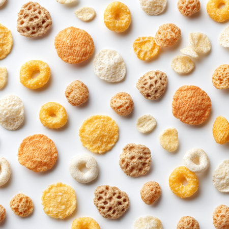 A vibrant collection of assorted snacks featuring various shapes and textures arranged beautifully on a white background, perfect for culinary projects and food-related designs.の素材