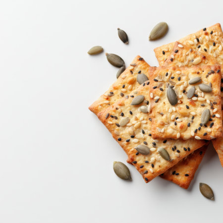 Discover a visually appealing arrangement of crunchy rice crackers topped with delicious seeds, perfect for a nutritious snack or entertaining guests.の素材
