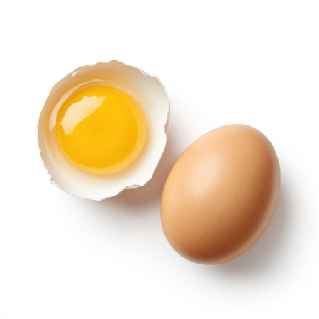 A fresh brown egg with a smooth surface sits next to a cracked egg shell revealing a vibrant yellow yolk. Ideal for food photography, cooking blogs, and culinary art.の素材