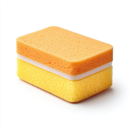 This vibrant and practical kitchen sponge features a combination of yellow and orange layers. Ideal for cleaning and maintaining surfaces in various household chores.の素材