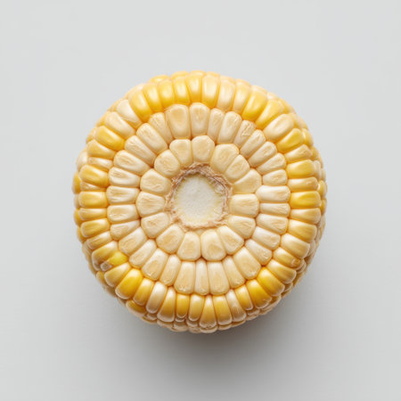 A striking close-up image of a whole corn cob displaying its neatly arranged yellow kernels. Ideal for food-related projects, recipes, and agricultural themes.の素材