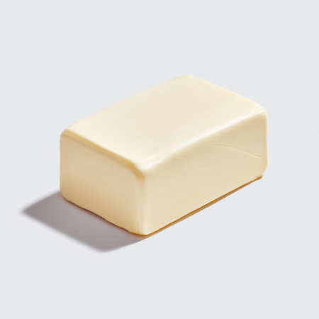 A fresh block of creamy butter placed against a neutral backdrop, perfect for culinary illustrations, baking recipes, and food preparation contexts.の素材