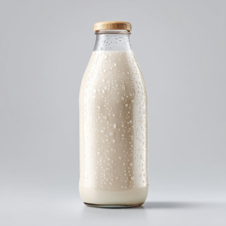 An appealing glass bottle filled with fresh milk, featuring condensation on the surface, highlights the purity and nutritious qualities, ideal for food and beverage themes.の素材
