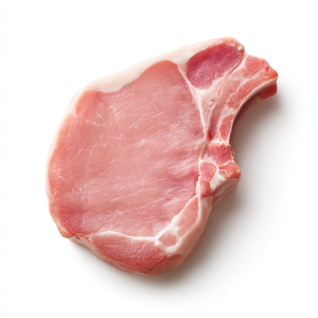 A raw pork chop displayed on a white background, showcasing its tender texture and freshness, perfect for culinary projects and restaurant menus.の素材
