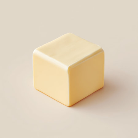 A simple and fresh butter square sits on a neutral background, perfect for enhancing food visuals in cooking blogs, recipe books, or culinary presentations.の素材