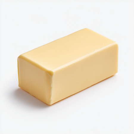 A simple block of creamy butter sits on a white background, showcasing its smooth texture and inviting color, perfect for cooking and baking imagery.の素材