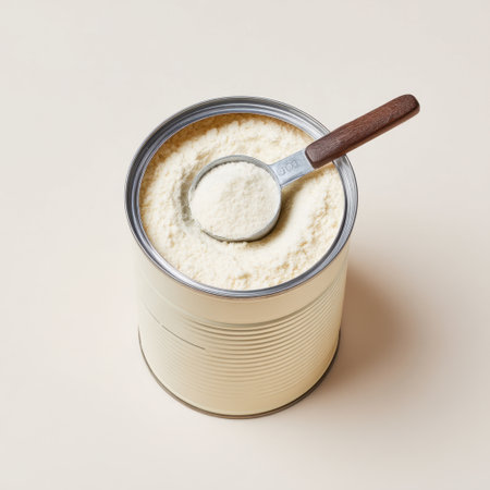 A top-down view of a steel container filled with powder and a wooden scoop. This imagery captures a clean and minimal aesthetic, perfect for culinary use.の素材