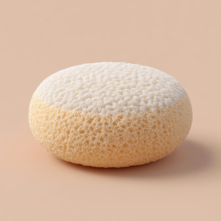 A round, soft konjac sponge ideal for gentle exfoliation and cleaning in skincare routines. The natural texture promotes smooth skin without irritation. Perfect for a fresh, minimalistic beauty regimen.の素材