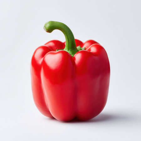 A captivating image of a fresh red bell pepper set against a clean white background. This glossy vegetable is perfect for culinary projects, promoting healthy eating.の素材