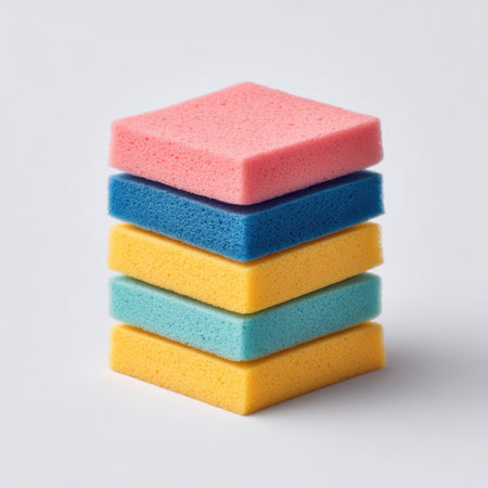 A vibrant arrangement of colorful sponges stacked in a neat manner ideal for cleaning tasks, showcasing an appealing blend of colors for home organization.の素材