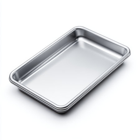 A sleek stainless steel baking tray featuring a reflective surface, perfect for various cooking and baking tasks in both professional and home kitchens.の素材