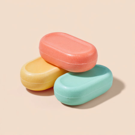 A set of vibrant solid soaps in pastel shades of pink, yellow, and blue, ideal for spa or bath themes, emphasizing relaxation and beauty in a minimalist design.の素材