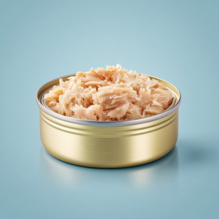 A can of tender flaked fish meat showcases its soft texture against a soothing light blue background, ideal for promotional content in culinary and food industries.の素材