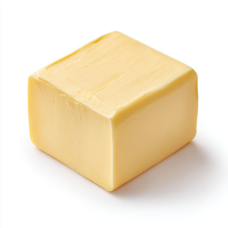 A single block of fresh creamy butter sits against a pure white background, ideal for culinary uses, enriching recipes, and enhancing food presentation in photography.の素材