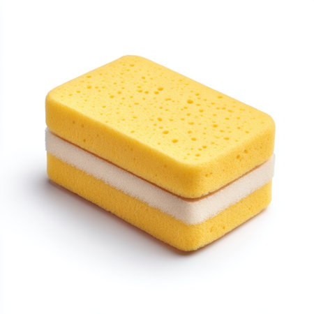 A vibrant yellow sponge featuring a soft texture, perfect for various cleaning tasks in the kitchen or bathroom. Ideal for effective surface cleaning and maintaining hygiene.の素材