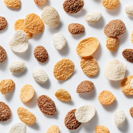 A vibrant collection of textured snacks arranged on a white surface. This image captures the playful nature of snacks, perfect for food-related projects and advertisements.の素材