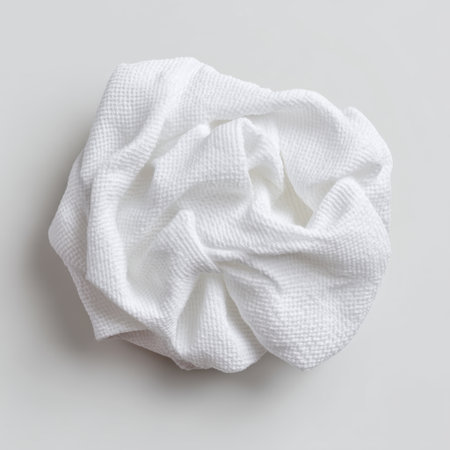 Textured white fabric crumpled on a light gray surface, showcasing intricate details and softness. Ideal for backgrounds, textile design, or creative projects.の素材