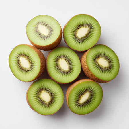 This image showcases vibrant green kiwi fruit slices arranged neatly on a white background, highlighting their unique texture and appealing freshness, perfect for culinary use.の素材