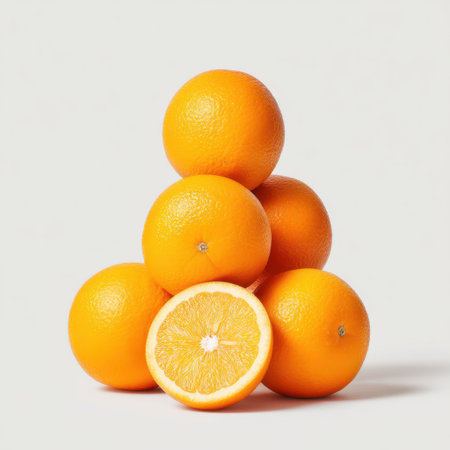 A vibrant display of fresh oranges stacked in a pyramid with one sliced orange in front, showcasing the bright color and juicy texture of this healthy fruit choice.の素材