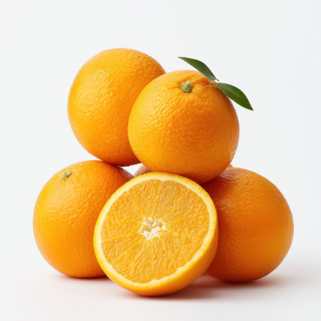 A captivating image featuring fresh oranges, beautifully arranged with a sliced orange revealing its juicy flesh. Ideal for promoting healthy eating and vibrant recipes.の素材