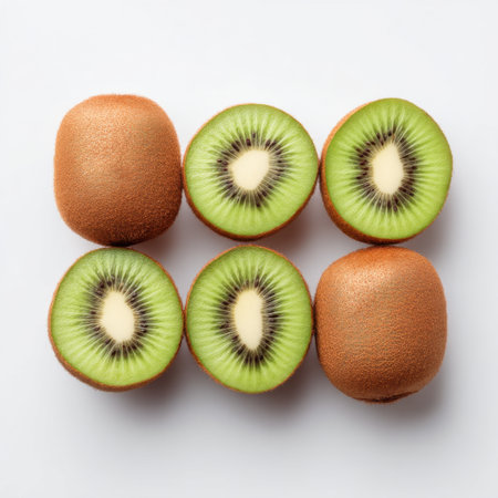 A visually appealing display of freshly sliced kiwifruit reveals its vibrant green flesh and soft brown skin, perfect for food photography and healthy lifestyle themes.の素材