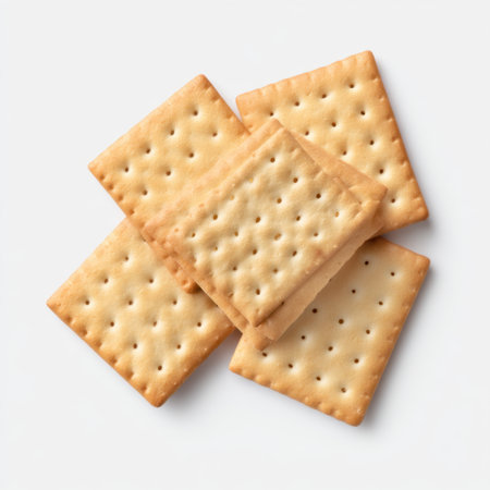 A close-up view of plain crackers, showcasing their golden color and texture. Perfect for a range of culinary uses, snacks, and sharing moments with friends.の素材