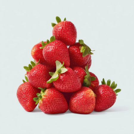 A vibrant stack of fresh red strawberries arranged in a pyramid shape against a light background, perfect for summer recipes and healthy eating ideas.の素材