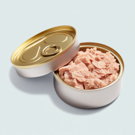 This image features an open can of tuna, highlighting its flaked texture and golden lid, ideal for showcasing healthy and convenient meal options in food photography.の素材